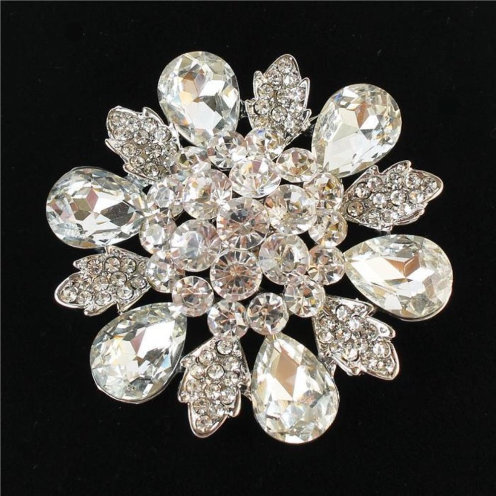 Beautiful Crystal Flower Brooch Pin with Silver Scroll Work with Faux Crystals